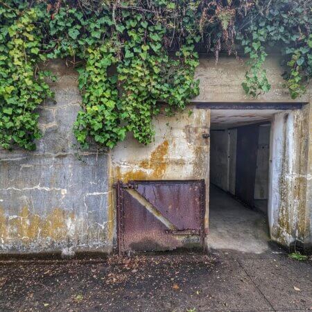 Homepage slideshow - Rusted half door, weathered concrete in shade - wide