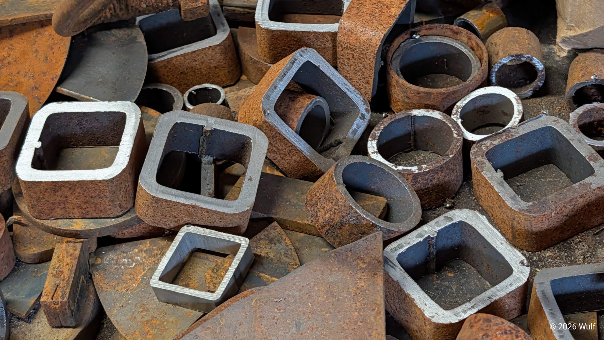 Rusted steel pieces scattered randomly on workbench
